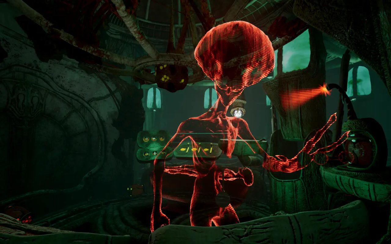Czerwony hologram obcego we wnętrzu statku