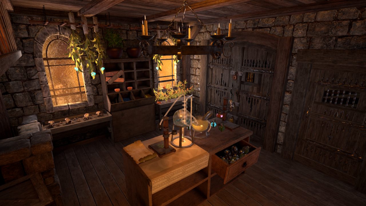 Laboratorium alchemika z eliksirami i świecami