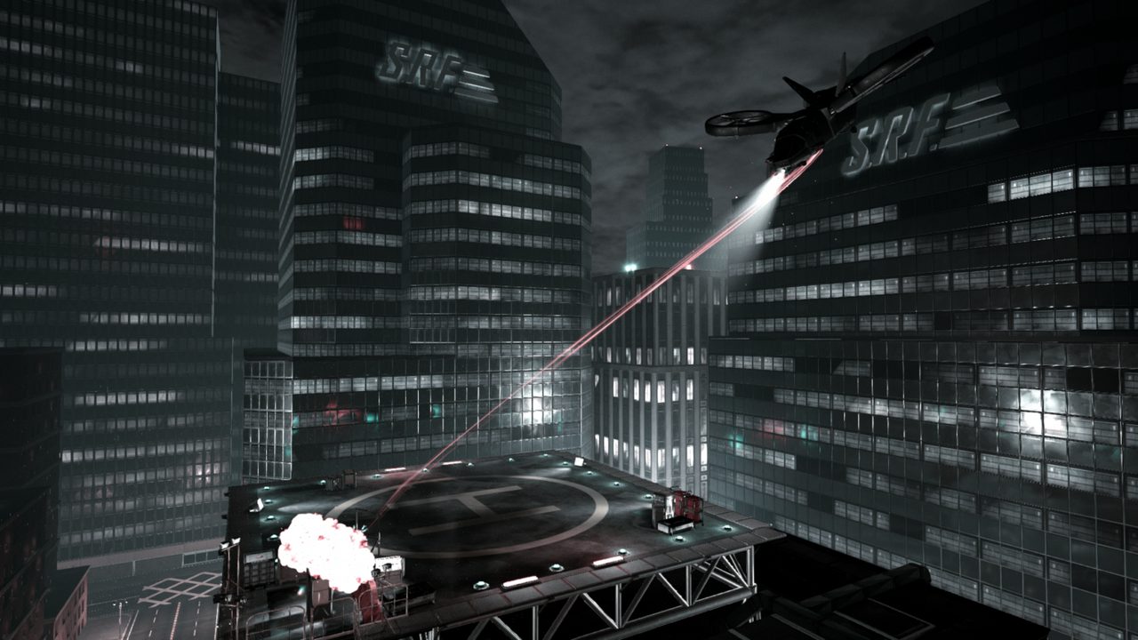 Dystopijne nocne miasto z helikopterem nad lądowiskiem